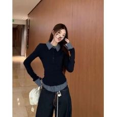 批发美式学院风假两件小众拼接衬衫长袖<b class='q'>T</b><b class='q'>恤</b><b class='q'>女</b>秋冬新款修身收腰上衣ins