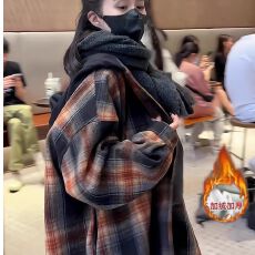 批发官图复合超柔加绒后包领抖音质量连帽格子<b class='q'>衬衫</b>女中长款外套特价