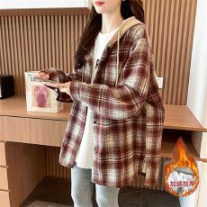 批发<b class='q'>实拍</b> 原布格子-后包领复真超加绒抖音质量连帽格子<b class='q'>衬衫</b>中长款外套