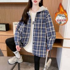 批发实拍 原布格子复超柔加绒后包领连帽格子男女同款<b class='q'>衬衫</b>中长款外套