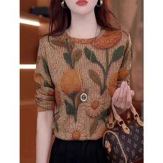 批发秋冬内搭中年装花色印花德绒打底衫女高级感显瘦长袖T恤圆领上衣