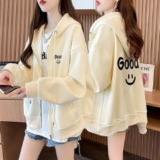 秋冬新款时尚小众印花开衫连帽卫衣大码宽松显瘦百搭外穿拉链外套