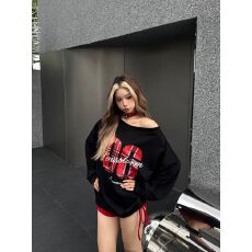 批发【仿华棉复合美式斜肩卫衣女春秋宽松慵懒感复古休闲字母露肩上衣