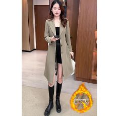 批发风衣外套女秋冬<b class='q'>新款</b>加绒加厚时尚西装领小个子韩版收腰中长款外衣