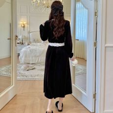 批发秋冬金丝绒深V领蕾丝家居服性感御姐<b class='q'>甜美</b>长裙可外穿