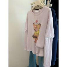 批发【21支纯棉】特<b class='q'>大码</b>300斤粉色小熊印花蕾丝花边长袖t恤<b class='q'>女</b>上衣