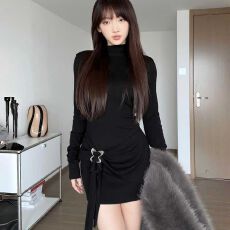 批发女秋冬内搭短裙御姐辣妹长袖收腰裙子半高领黑色包臀<b class='q'>连衣裙</b>
