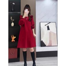 批发【本命年新年红】包心纱<b class='q'>秋</b>冬木耳边毛衣打底衫显瘦红色针织连衣裙