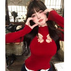 批发【螺纹徳绒】蝴蝶结镂空长袖<b class='q'>t</b><b class='q'>恤</b>女早秋纯欲辣妹短款半高领打底衫