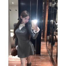 假两件灰色针织连衣裙子女秋冬季新款气质辣妹打底内搭包臀裙