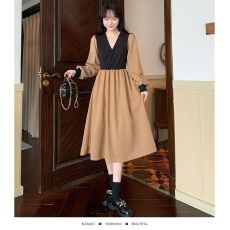 批发秋季新款韩版气质收腰显瘦连衣裙子法式<b class='q'>复古</b>V领拼接假两件中<b class='q'>长裙</b>