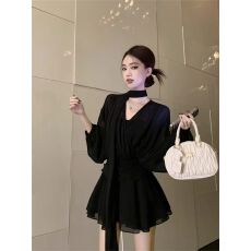 批发【 珍珠<b class='q'>雪纺</b>+内里+拉链法式黑色飘带v领长袖<b class='q'>连衣裙</b>女早秋显瘦高腰
