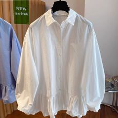 批发【原版做工独特别致荷叶边下摆长袖衬衣女春夏秋新款宽松防晒衬衫