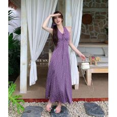 批发法式复古甜心V领波点挂脖连衣裙女<b class='q'>夏</b>季露背绑带无袖背心长裙