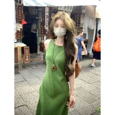 批发复古夏季新款无袖森系绿色连衣裙收腰显瘦<b class='q'>背心</b><b class='q'>长裙</b>气质