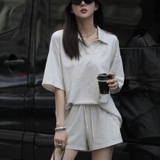 批发夏季<b class='q'>新款</b>懒人套装纯色简约短袖宽松Polo衫运动服<b class='q'>短裤</b>两件套女