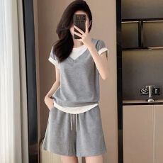 批发大码时尚小个子穿搭配一整套女夏季胖mm遮肉显瘦短袖<b class='q'>短裤</b>两件套装