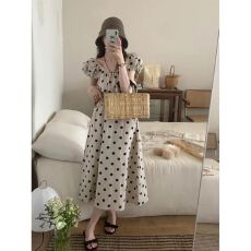 批发度假裙子女夏季新款<b class='q'>复古</b>泡泡袖温柔系带宽松长款波点连衣裙潮