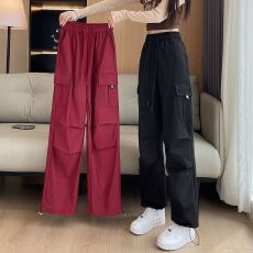 批发红色hiphop抽绳美式工装裤女春秋小个子高腰束脚哈伦运动长裤