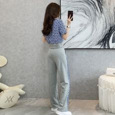 新款性感高端爆款套装女露肚子收腰短款高腰阔腿拼接洋气两件套