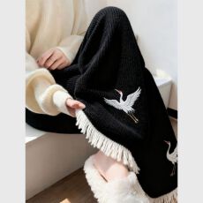 批发【欧棉绒复合贝贝绒新中式国风黑色仙鹤刺绣流苏阔腿裤秋<b class='q'>冬</b>直筒裤