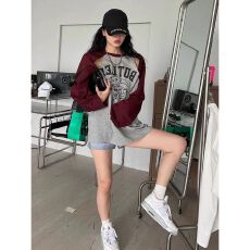 批发原版质量】百搭字母印花袖子镂空<b class='q'>长袖</b>拼色宽松<b class='q'>T</b><b class='q'>恤</b>