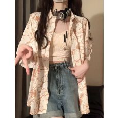 批发美式满印短袖衬衫女夏季卡通薄款学院风宽松设计感小众衬衣外套潮