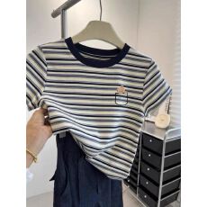 批发【原版面料】撞色条纹短袖T恤女夏季小众洋气正肩上衣