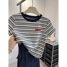 批发【原版面料】撞色拼接条纹正肩短袖T恤女夏季2026新款
