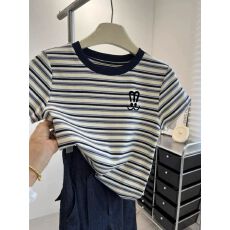 批发原版面料】撞色拼接条纹正肩短袖T恤女夏季2026新款