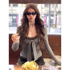 批发【260克人棉<b class='q'>莫代尔</b>】方领蝴蝶结长袖<b class='q'>t</b><b class='q'>恤</b>掐腰修身上衣