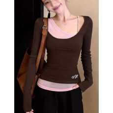 批发【260克人棉<b class='q'>莫代尔</b>】绣花假两件拼接长袖<b class='q'>t</b><b class='q'>恤</b>女撞色修身上衣