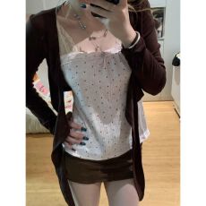 批发【官图 广州原版布料+<b class='q'>羊绒</b>】氛围感绑带长袖<b class='q'>开衫</b>波点吊带两件套