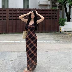 批发甜美吊带连衣裙女新款2026年<b class='q'>夏季</b>复古菱格印花a字裙小个子中长款