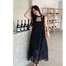 批发气质法式波点拼接不规则拼接连衣裙2026新款<b class='q'>夏季</b>设计无袖长裙女