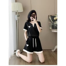 批发纯棉休闲风运动<b class='q'>套装</b>女2026夏季新款<b class='q'>韩版</b>短袖V领宽松时尚两件套潮