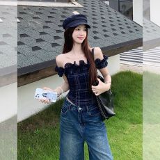 批发2026夏季新款韩版一字肩纯棉花边<b class='q'>修身</b>短款<b class='q'>衬衫</b>小<b class='q'>衬衣</b>