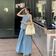 批发2026新款夏高腰半身裙时尚两件套女大码<b class='q'>无袖</b>冰丝仿牛仔蓝背心上衣