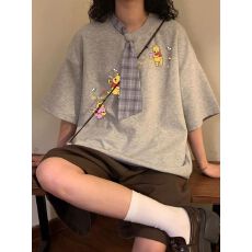 批发【官图 220克<b class='q'>潮牌</b>棉】特大码300斤夏季学院风拼接领带短袖女