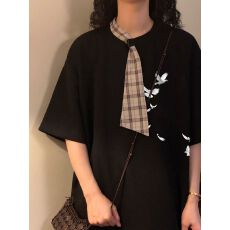 批发【官图 220克<b class='q'>潮牌</b>棉】特大码300斤夏季学院风拼接领带短袖女