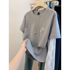 批发【21支<b class='q'>纯棉</b>➕蕾丝】特大码300斤新款夏钉珠圆领假两件防晒上衣