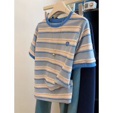 批发【广州条纹布】特大码300斤刺绣撞色圆领短袖<b class='q'>t</b><b class='q'>恤</b>女夏2026新款