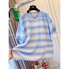 批发三个色【原版面料】特大码300斤独特蓝色渐变条纹短袖<b class='q'>T</b><b class='q'>恤</b>女夏