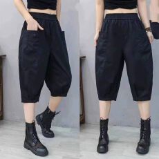 批发夏季新款高腰纯棉七分<b class='q'>哈伦裤</b>女宽松显瘦大码中年妈妈装外穿休闲裤