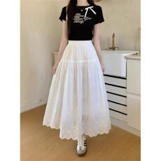 批发原版做法】学院风勾花镂空拼接半身裙女春夏韩版高腰A字裙仙女裙