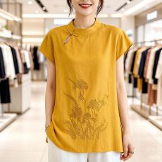 批发2026夏季新中式国风盘扣刺绣短袖衬衫裙女改良<b class='q'>旗袍</b>亚麻上衣中长款