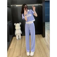 批发<b class='q'>时尚</b><b class='q'>运动服</b>套装女夏休闲洋气减龄V领短袖T恤阔腿裤两件套
