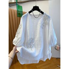 批发原版质量】特<b class='q'>大码</b>300斤刺绣亮片钉珠中长款宽松短袖t恤