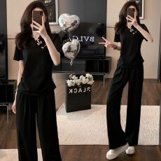 批发新中式轻国风休闲<b class='q'>套装</b>女夏季时尚高级感短袖阔腿裤两件套#911