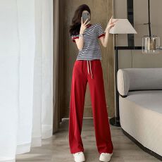 批发休闲运动套装女洋气<b class='q'>条纹</b>短款短袖T恤红色阔腿<b class='q'>裤</b><b class='q'>两件</b>